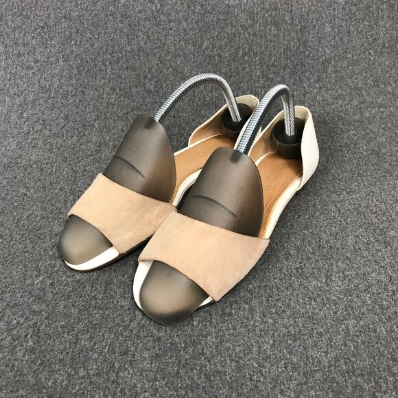 Women's EU 37 US 6.5 ALDO White Brown Suede Peep Toe Slip On Ballerina Flats - Picture 1 of 6